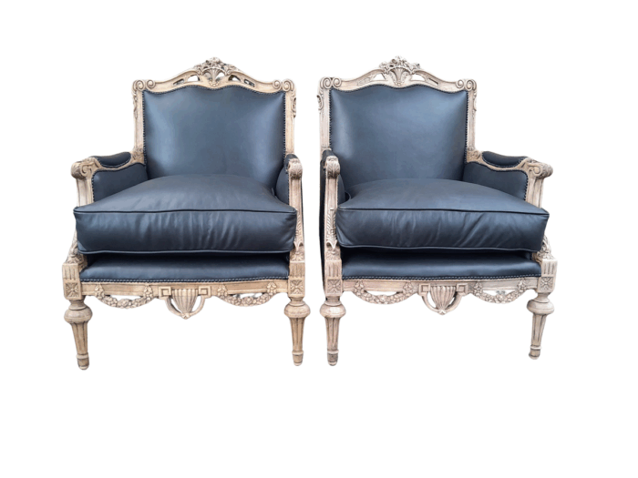 A 20TH Century Pair of French Louis XVI-style Walnut Fauteuils / Armchairs Upholstered in Leather and in a Contemporary Bleached Finish