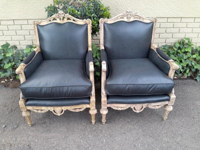 A 20TH Century Pair of French Louis XVI-style Walnut Fauteuils / Armchairs Upholstered in Leather and in a Contemporary Bleached Finish - Image 2