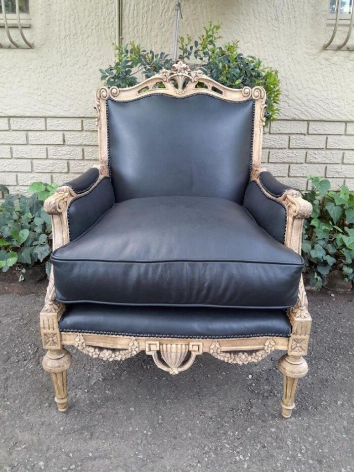 A 20TH Century Pair of French Louis XVI-style Walnut Fauteuils / Armchairs Upholstered in Leather and in a Contemporary Bleached Finish - Image 4