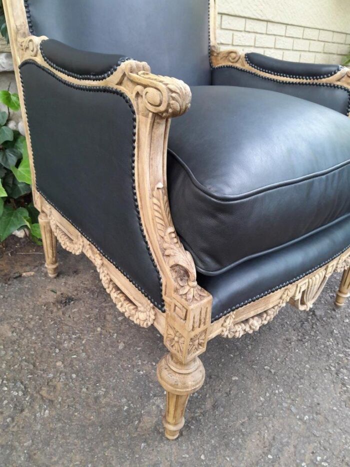 A 20TH Century Pair of French Louis XVI-style Walnut Fauteuils / Armchairs Upholstered in Leather and in a Contemporary Bleached Finish - Image 6