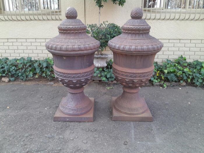 A Rare and Massive Extremely Heavy Pair of Cast Iron Urns with Tops - Image 2