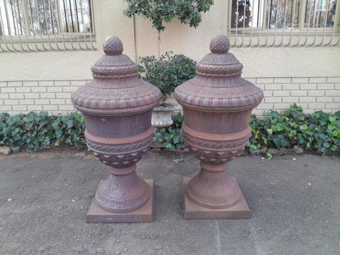 A Rare and Massive Extremely Heavy Pair of Cast Iron Urns with Tops - Image 3