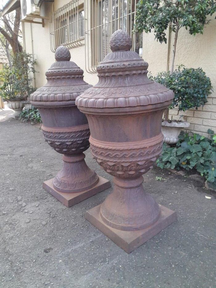 A Rare and Massive Extremely Heavy Pair of Cast Iron Urns with Tops - Image 4