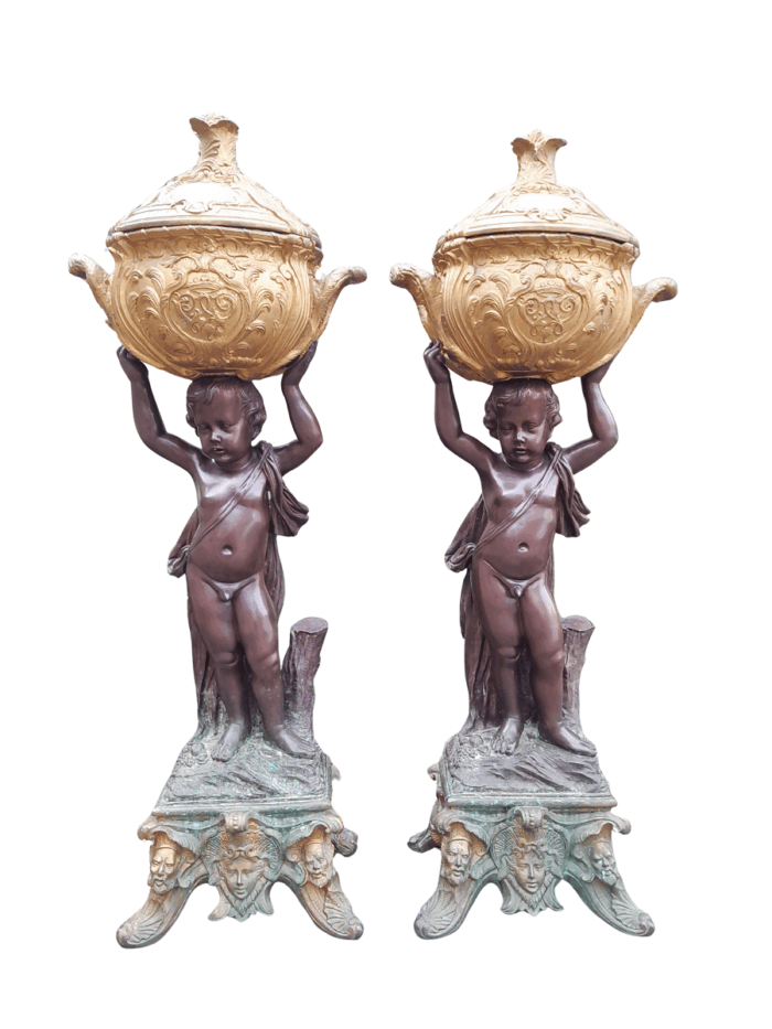 A Rare Pair Of 19th Century Patinated Bronzes Putt/Figural Statues With Urns ND