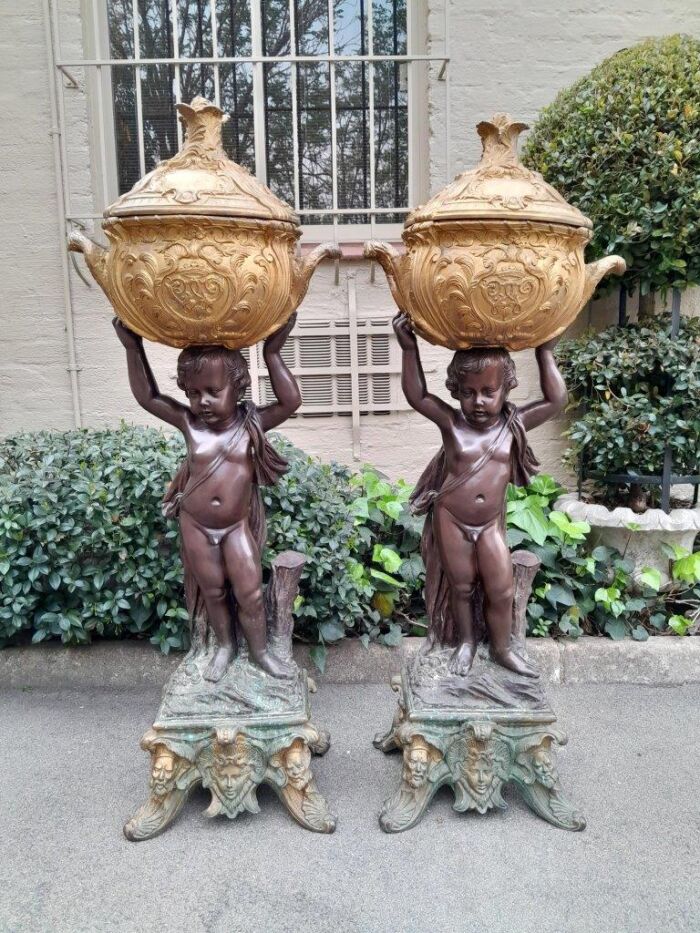 A Rare Pair Of 19th Century Patinated Bronzes Putt/Figural Statues With Urns ND - Image 2