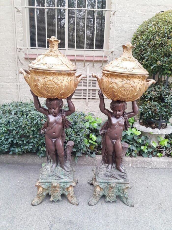 A Rare Pair Of 19th Century Patinated Bronzes Putt/Figural Statues With Urns ND - Image 3