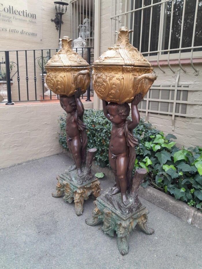 A Rare Pair Of 19th Century Patinated Bronzes Putt/Figural Statues With Urns ND - Image 4