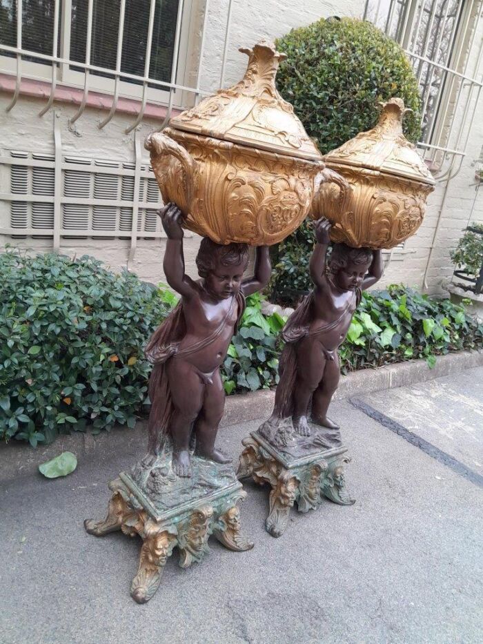 A Rare Pair Of 19th Century Patinated Bronzes Putt/Figural Statues With Urns ND - Image 5