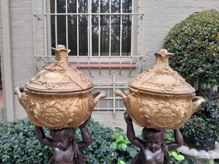 A Rare Pair Of 19th Century Patinated Bronzes Putt/Figural Statues With Urns ND - Image 10