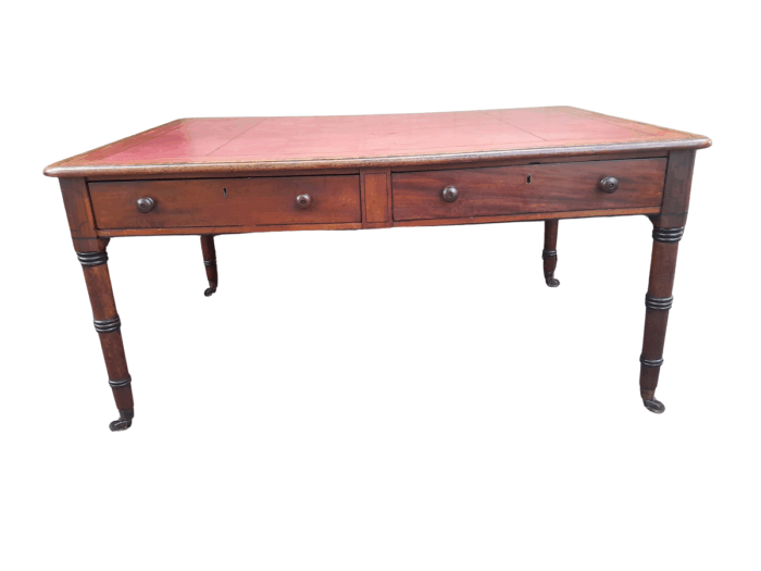 An Antique Early 19th Century George IV Mahogany Writing With Gilt Tooled Leather Top And Drawers With Brass Cap