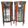 A Rare Near Pair of 20th Century French Style Vitrine / Display Demi Lune Cabinets With Brass Gallery And Fittings and Mirror Interior