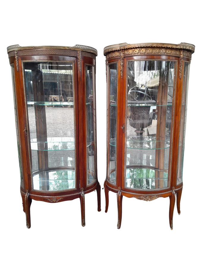 A Rare Near Pair of 20th Century French Style Vitrine / Display Demi Lune Cabinets With Brass Gallery And Fittings and Mirror Interior