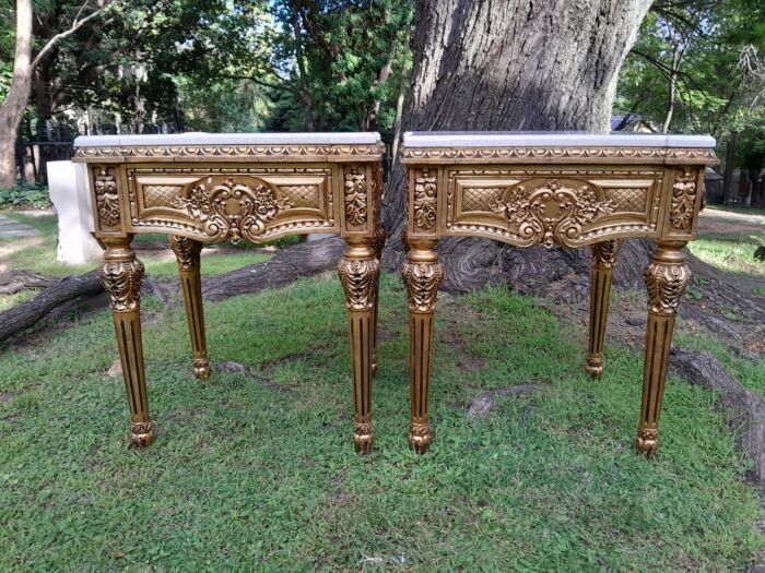 A Pair Of French Style Ornately Carved Marble Top Side Tables With 1 Drawer - Image 2