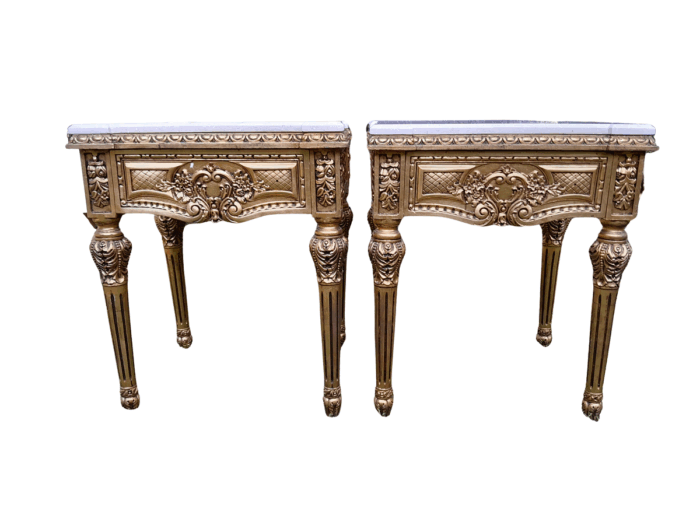 A Pair Of French Style Ornately Carved Marble Top Side Tables With 1 Drawer