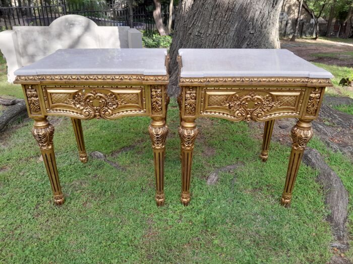 A Pair Of French Style Ornately Carved Marble Top Side Tables With 1 Drawer - Image 3