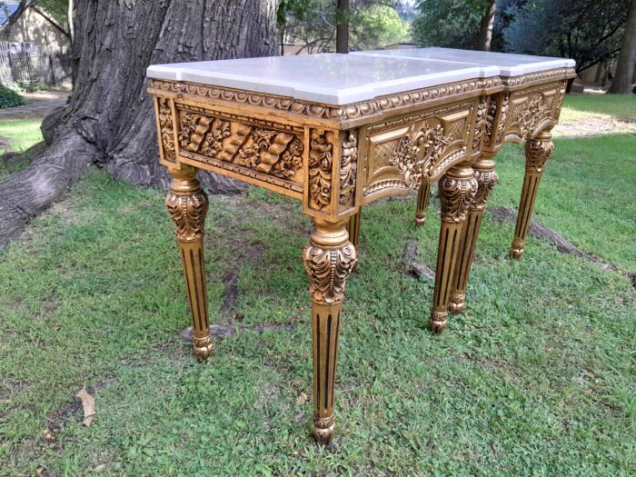 A Pair Of French Style Ornately Carved Marble Top Side Tables With 1 Drawer - Image 4