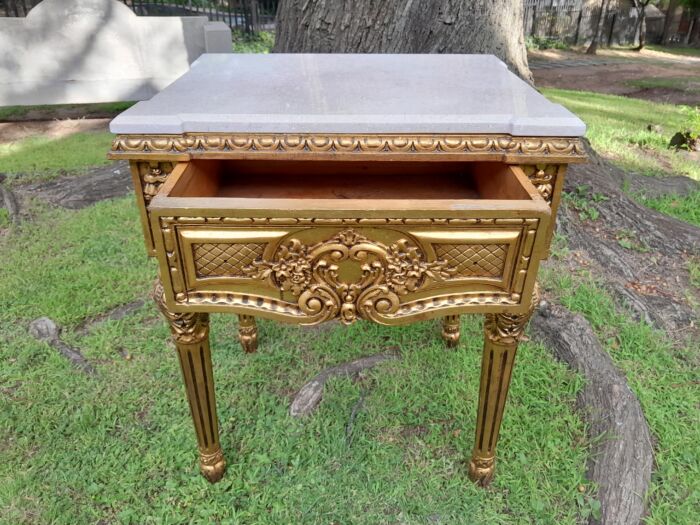 A Pair Of French Style Ornately Carved Marble Top Side Tables With 1 Drawer - Image 8