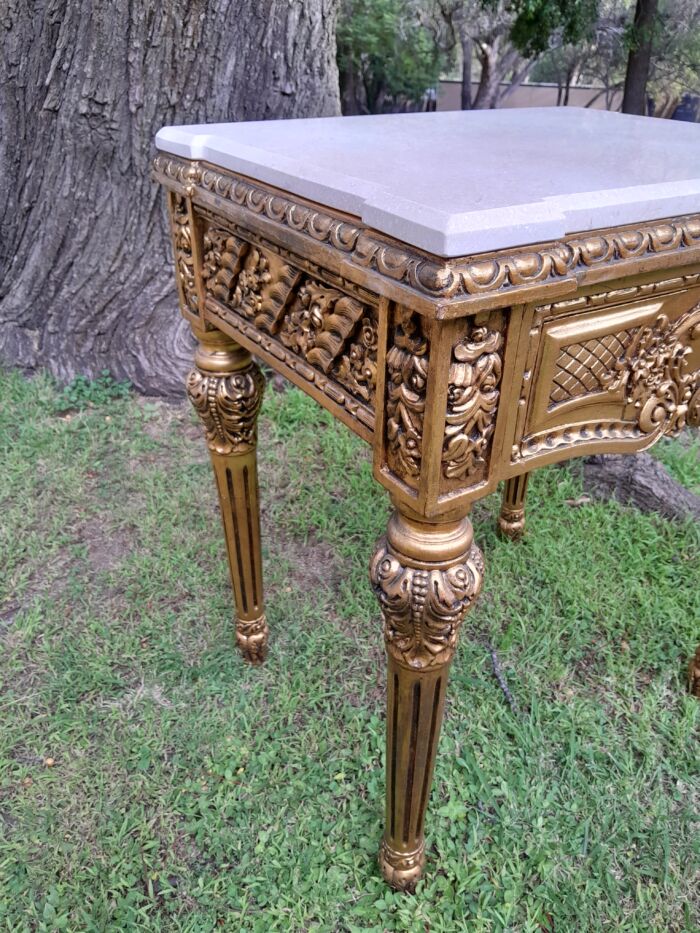 A Pair Of French Style Ornately Carved Marble Top Side Tables With 1 Drawer - Image 7