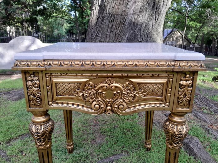 A Pair Of French Style Ornately Carved Marble Top Side Tables With 1 Drawer - Image 6