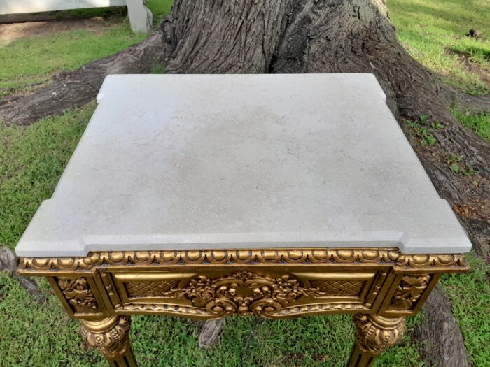 A Pair Of French Style Ornately Carved Marble Top Side Tables With 1 Drawer - Image 5