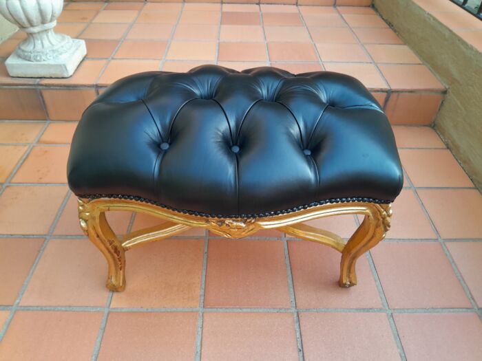 A French Style Giltwood Ottoman / Tuffet / Stool Upholstered in Deep Buttoned Leather - Image 4