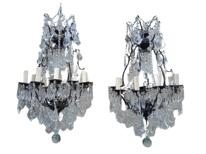 A 20th Century Pair Of French Style Brass & Crystal Chandeliers