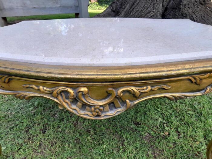 A French Style Ornately Carved Coffee Table with Marble Top - Image 6