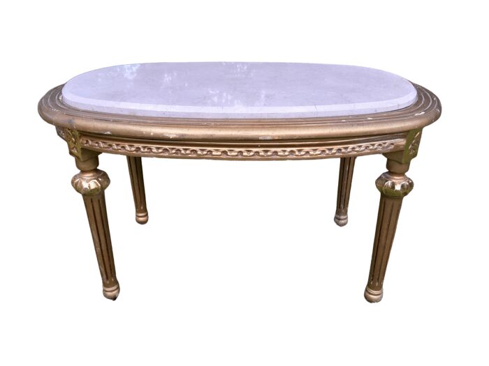 A French Style Ornately Carved Oval Coffee Table with Marble Top