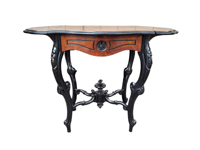 An Antique Victorian Burr Walnut and Ebonised Drop Side Table and Fitted Interior