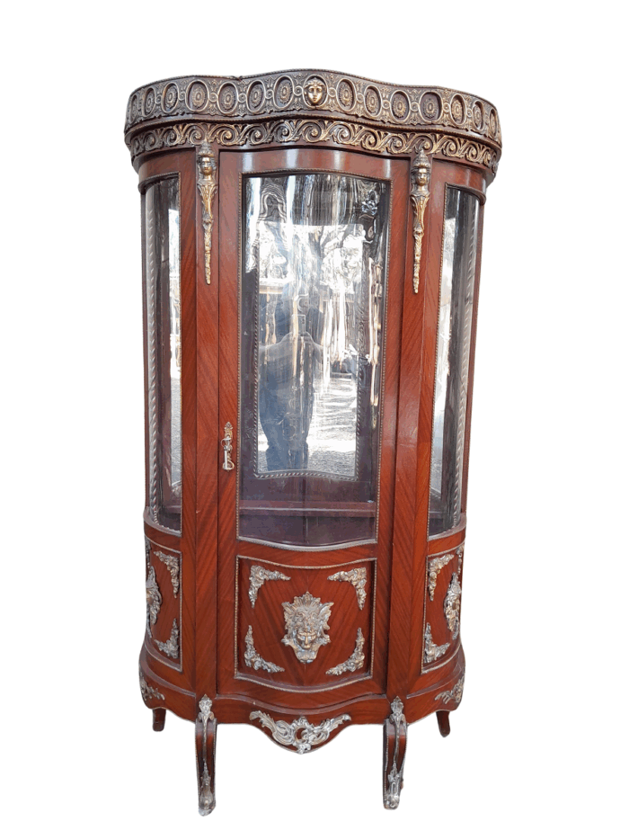 An Antique 20th Century French Ornate Style Mahogany Vitrine with Metal Mounts