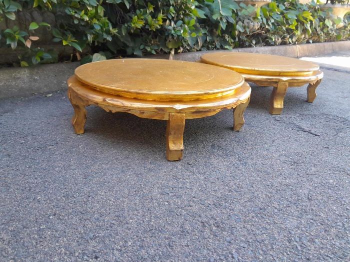 A Hand Gilded Pair Of Carved Wooden Foot Stools / Tuffets Upholstered In Deep Buttoned Leather  - Image 3