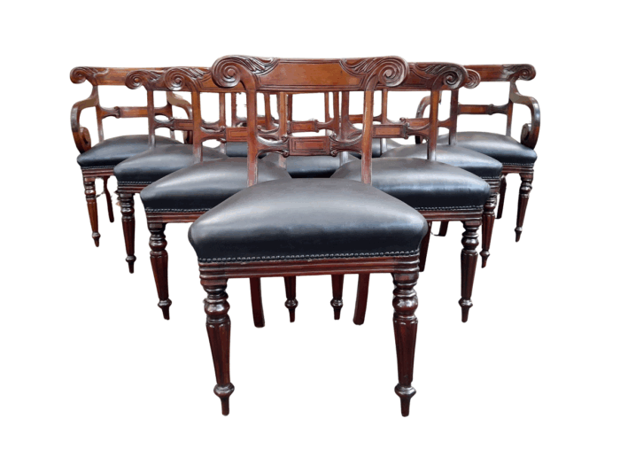 A 20th Century Set of Ten (10) William IV Style Mahogany Dining Chairs Consisting a Pair of Carvers/ Armchairs and Eight Dining Chairs with New Black Leather Upholstery