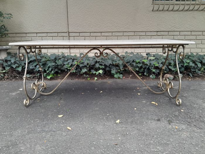 A  French Style Wrought Iron Console / Dining Table in an Antique Gold Finish with Cream Marble Top Custom-made for The Crown Collection - Image 2