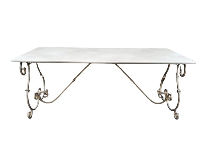 A  French Style Wrought Iron Console / Dining Table in an Antique Gold Finish with Cream Marble Top Custom-made for The Crown Collection (8 Seater)