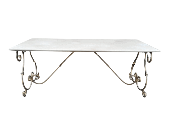 A  French Style Wrought Iron Console / Dining Table in an Antique Gold Finish with Cream Marble Top Custom-made for The Crown Collection