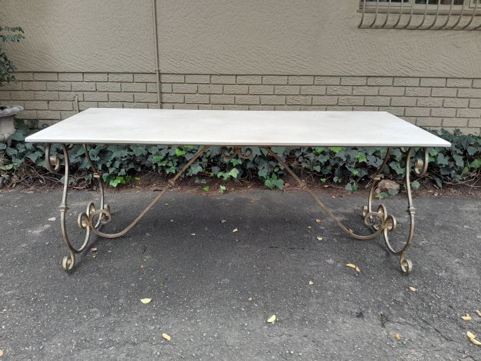 A  French Style Wrought Iron Console / Dining Table in an Antique Gold Finish with Cream Marble Top Custom-made for The Crown Collection - Image 3
