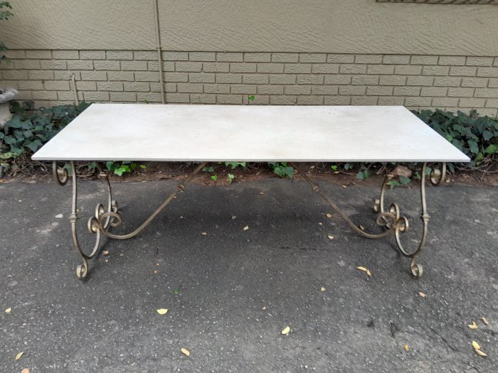 A  French Style Wrought Iron Console / Dining Table in an Antique Gold Finish with Cream Marble Top Custom-made for The Crown Collection - Image 4