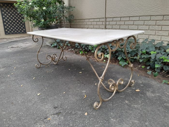 A  French Style Wrought Iron Console / Dining Table in an Antique Gold Finish with Cream Marble Top Custom-made for The Crown Collection - Image 5