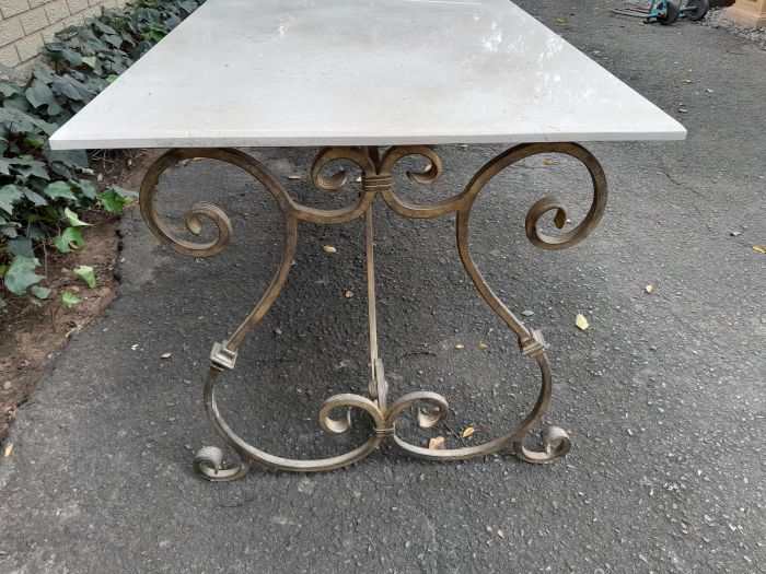 A  French Style Wrought Iron Console / Dining Table in an Antique Gold Finish with Cream Marble Top Custom-made for The Crown Collection - Image 6