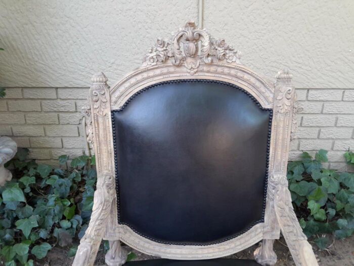 A 20TH Century French Style Ornately Carved Pair of  Oak Armchairs in a Contemporary Bleached Finish and Upholstered In Leather - Image 7