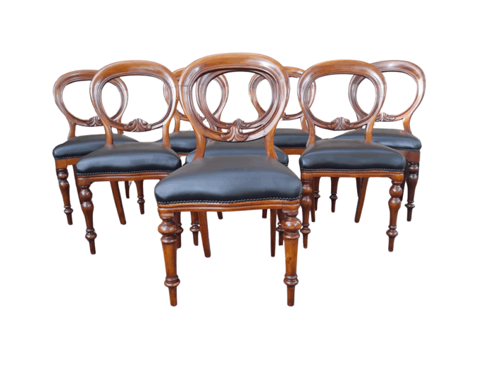A 20th Century Set of Eight Victorian Style Mahogany Dining Chairs Upholstered in Leather