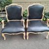 A 20th Century French Style Pair of Fruitwood Armchairs in a Contemporary Wood Finish and Upholstered in Leather - Image 2