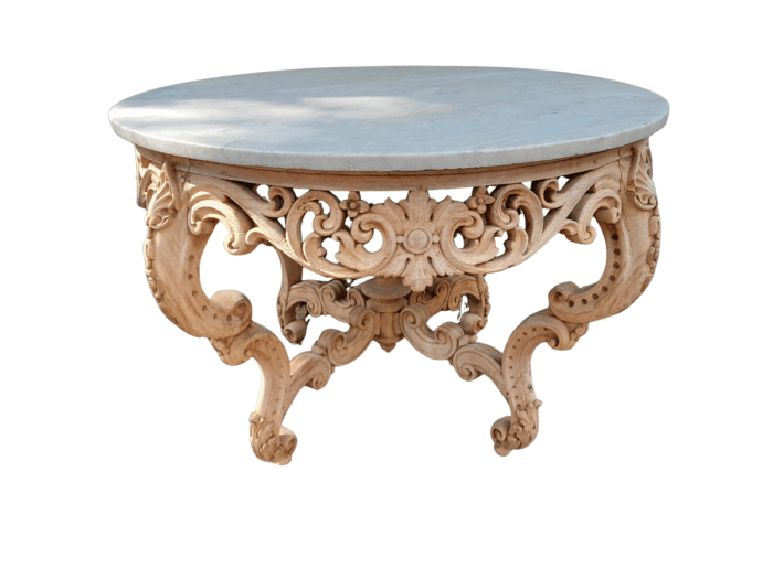 A20th Century Rococo Style Heavily Carved Teak Table with White Marble Top in a Contemporary Bleached Finish