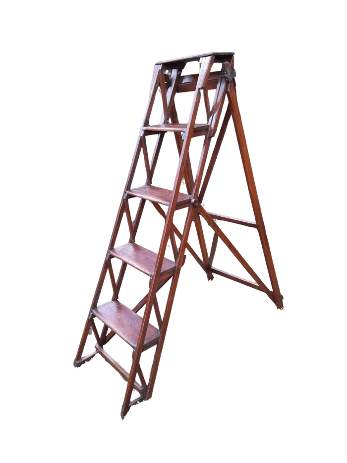 An Antique Victorian Circa 1890s Deal Wood Decorative / Library Ladder