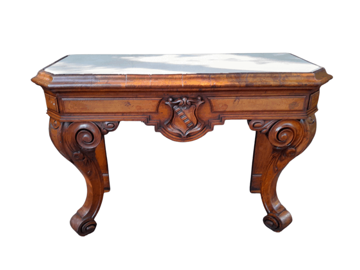 A Victorian Circa 1850’s Carved Rosewood Console/Drinks Table with Cream Marble Top