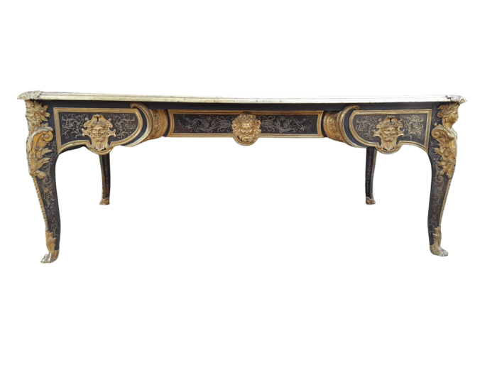 An Exceptional and Rare  20th Century French Style Boulle Bureau Platt / Desk / Writing Table with Black Tooled and Inlaid Border with Brass Mounts of large Proportions and Very Heavy