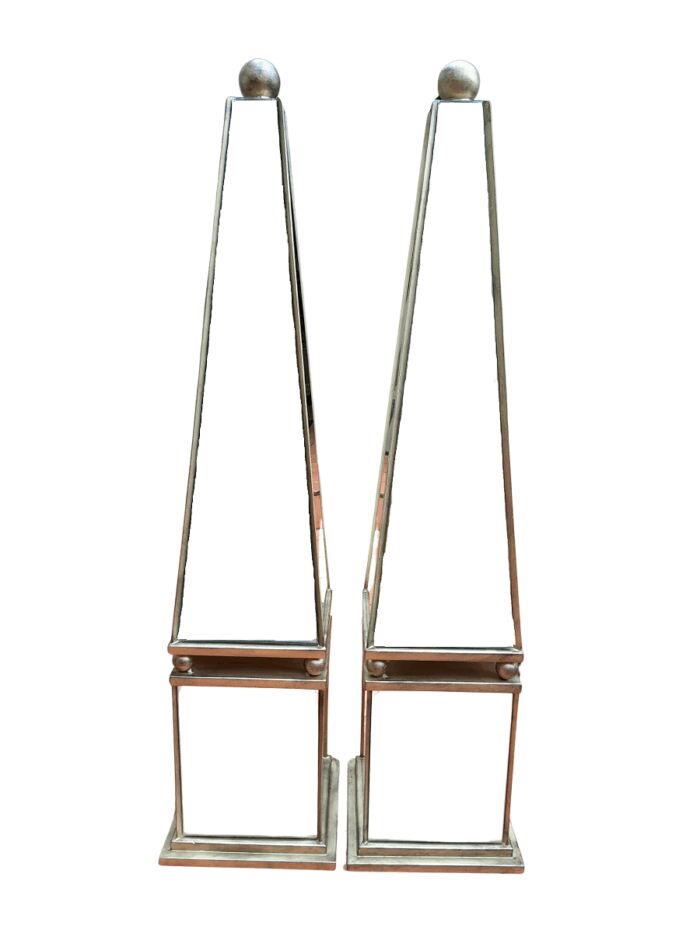 A Pair of Designer Decorative Mirror and Antique Gold Ball Obelisks For Table or Floor and Custom-Made for The Crown Collection