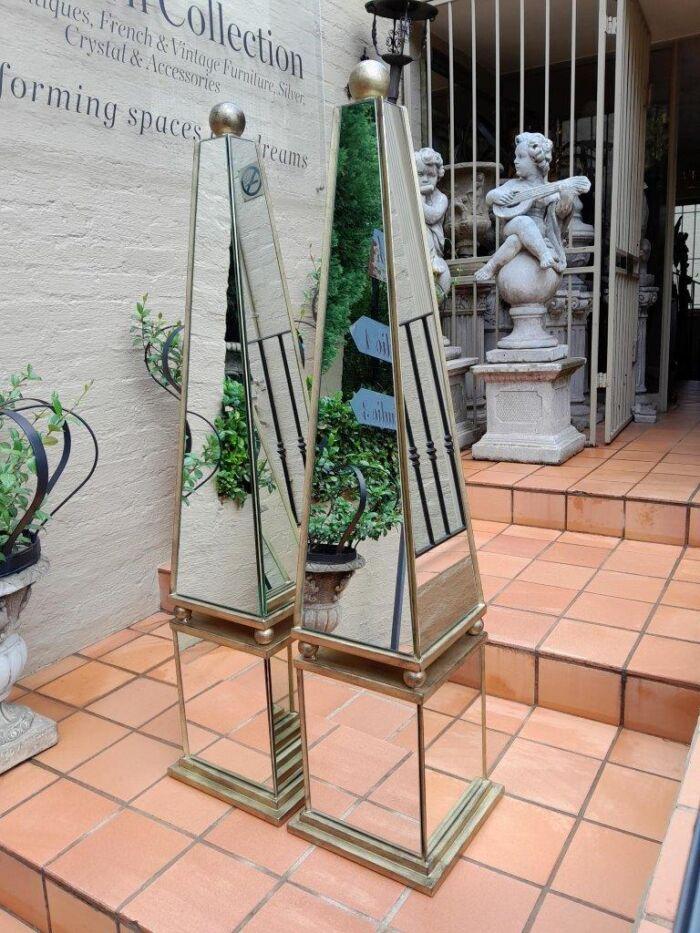 A Pair of Designer Decorative Mirror and Antique Gold Ball Obelisks For Table or Floor and Custom-Made for The Crown Collection - Image 3