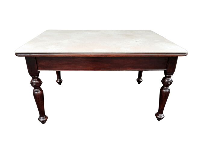 A 20th Century English Mahogany French Polished Table / Drinks Table With A Cream Marble Top (4 Seater)