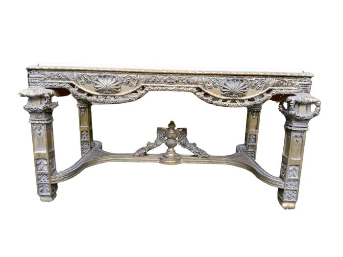 A 20th Century French Style Ornately Carved and Gilded Entrance / Console / Drinks Table with Cream Marble Top